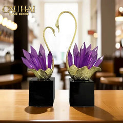 Maison Couture - Set Tượng Thiên Nga Pha Lê Tím Đế Đá Marble Swan D’Amour - Lilac Cristalleries-TƯỢNG TRANG TRÍ-CẬU HAI HOME DECOR