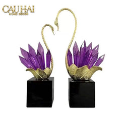 Maison Couture - Set Tượng Thiên Nga Pha Lê Tím Đế Đá Marble Swan D’Amour - Lilac Cristalleries-TƯỢNG TRANG TRÍ-CẬU HAI HOME DECOR