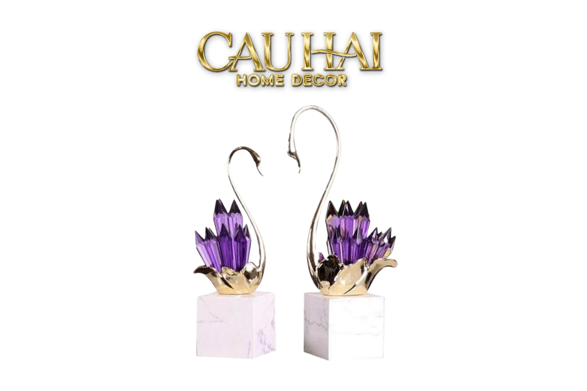 Maison Couture - Set Tượng Thiên Nga Pha Lê Tím Đế Đá Marble Swan D’Amour - Lilac Cristalleries-TƯỢNG TRANG TRÍ-CẬU HAI HOME DECOR