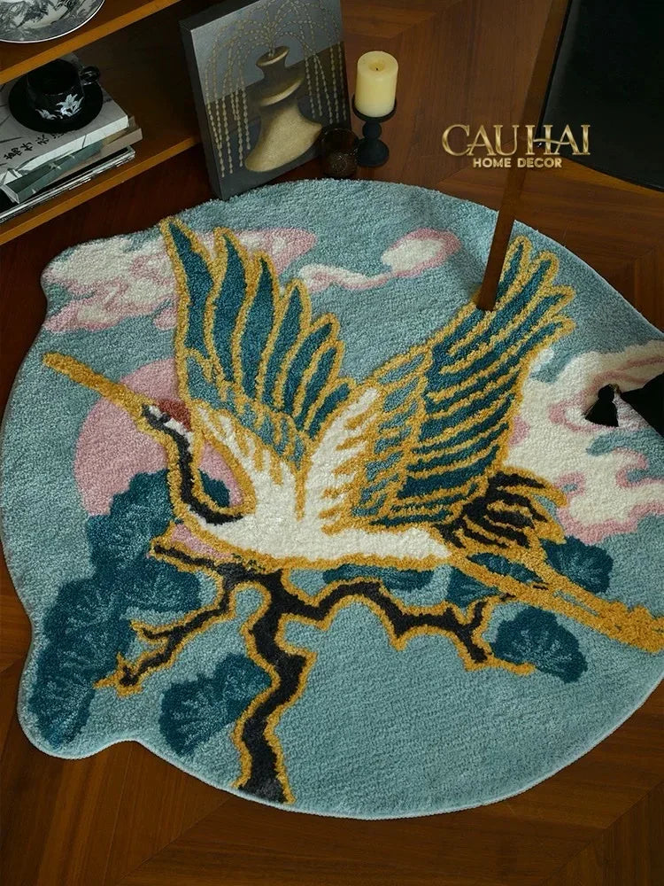 Maison Couture - Thảm Tròn Sợi Dệt D120 -Celestial Crane Nuage d’Azur Art Rugs-THẢM TRÒN - THẢM BED-CẬU HAI HOME DECOR