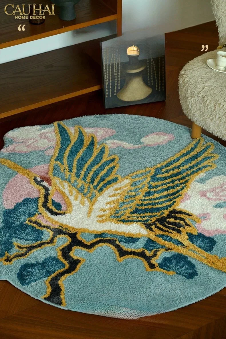 Maison Couture - Thảm Tròn Sợi Dệt D120 -Celestial Crane Nuage d’Azur Art Rugs-THẢM TRÒN - THẢM BED-CẬU HAI HOME DECOR