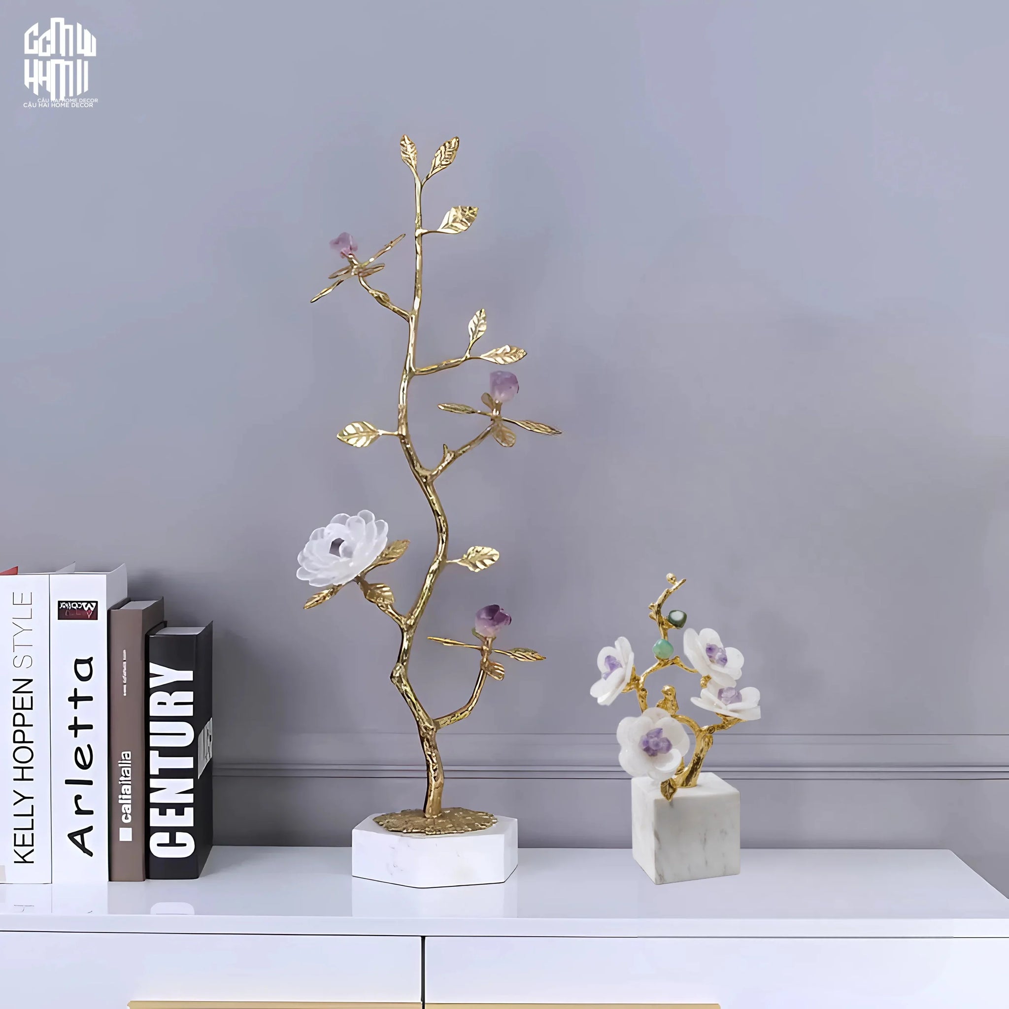 Maison Couture - Tượng Cây Nở Hoa Bằng Đồng Đá Thạch Anh Trắng Brasson Quartz Golden Hesperides 22x65-TƯỢNG TRANG TRÍ-CẬU HAI HOME DECOR