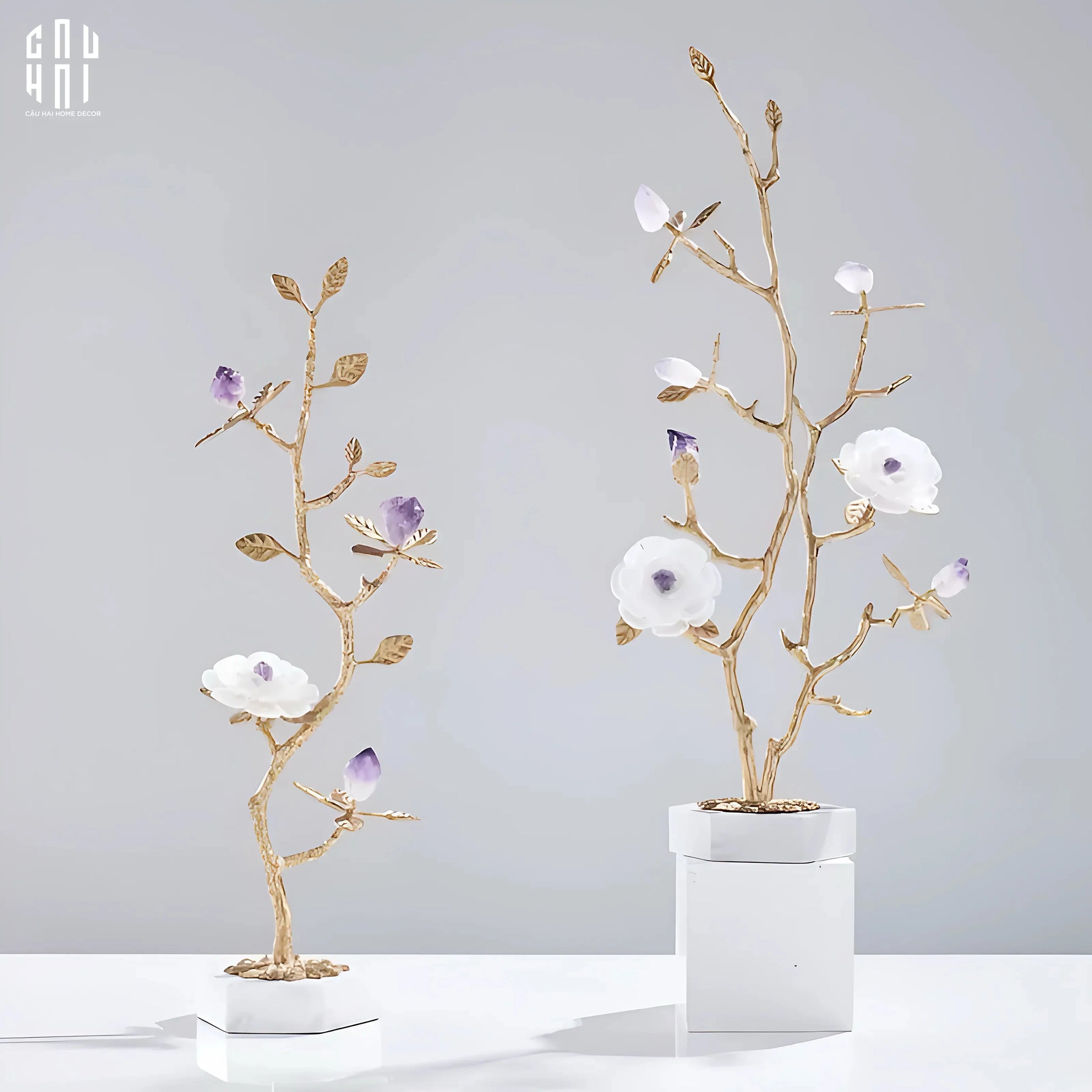 Maison Couture - Tượng Cây Nở Hoa Bằng Đồng Đá Thạch Anh Trắng Brasson Quartz Golden Hesperides 22x65-TƯỢNG TRANG TRÍ-CẬU HAI HOME DECOR