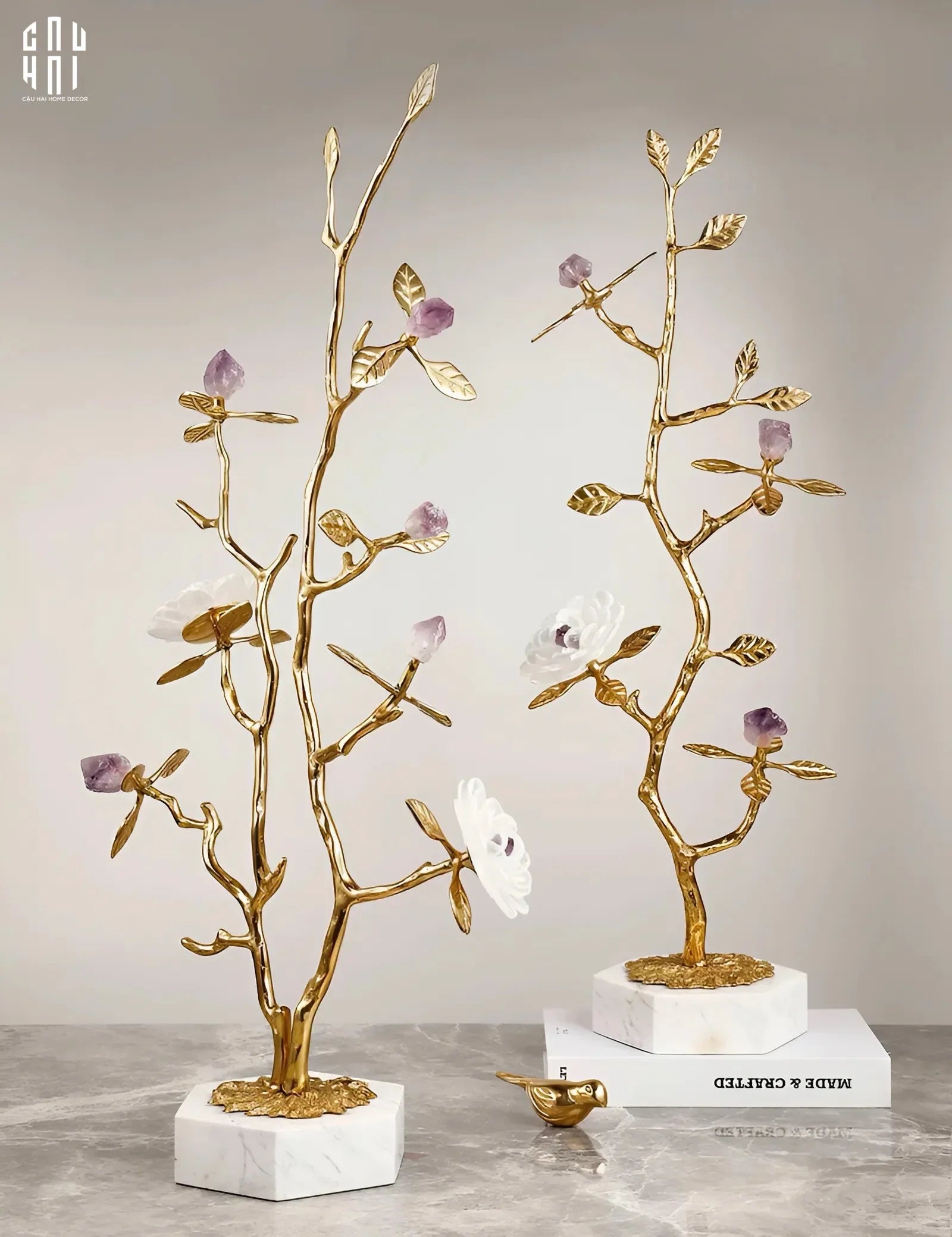 Maison Couture - Tượng Cây Nở Hoa Bằng Đồng Đá Thạch Anh Trắng Brasson Quartz Golden Hesperides 22x65-TƯỢNG TRANG TRÍ-CẬU HAI HOME DECOR