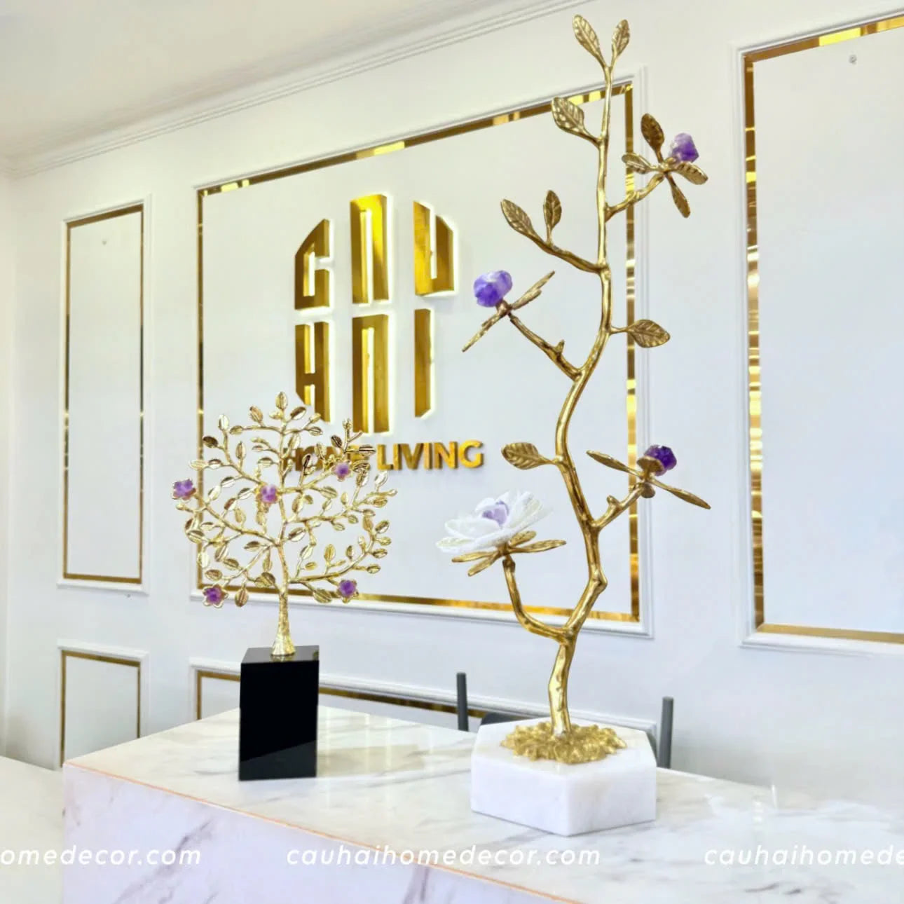 Maison Couture - Tượng Cây Nở Hoa Bằng Đồng Đá Thạch Anh Trắng Brasson Quartz Golden Hesperides 22x65-TƯỢNG TRANG TRÍ-CẬU HAI HOME DECOR