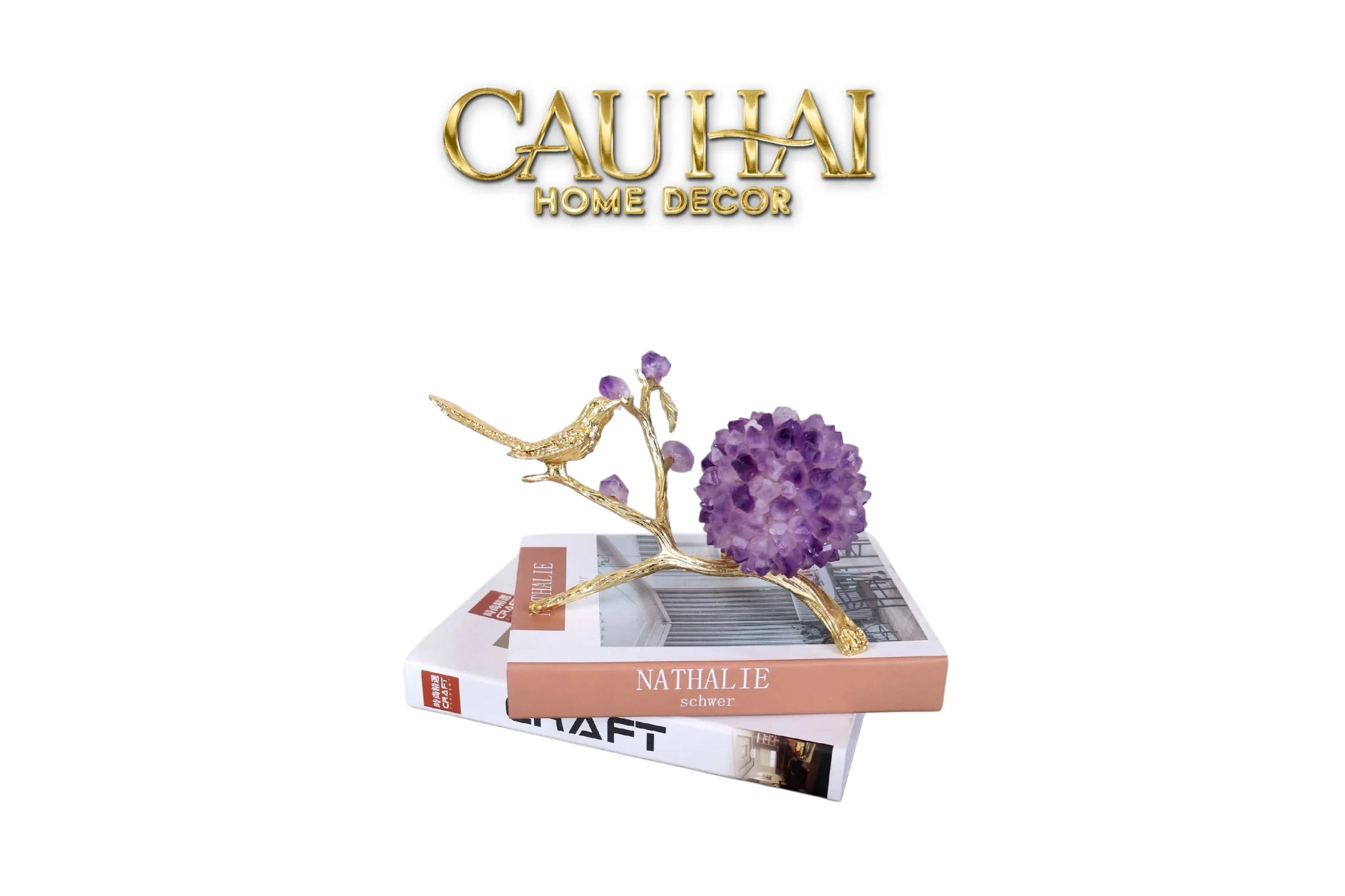 Maison Couture - Tượng Chim Bằng Đồng Đá Thạch Anh Tím Brasson Nightingale Amethyst 24x12x12-TƯỢNG TRANG TRÍ-CẬU HAI HOME DECOR