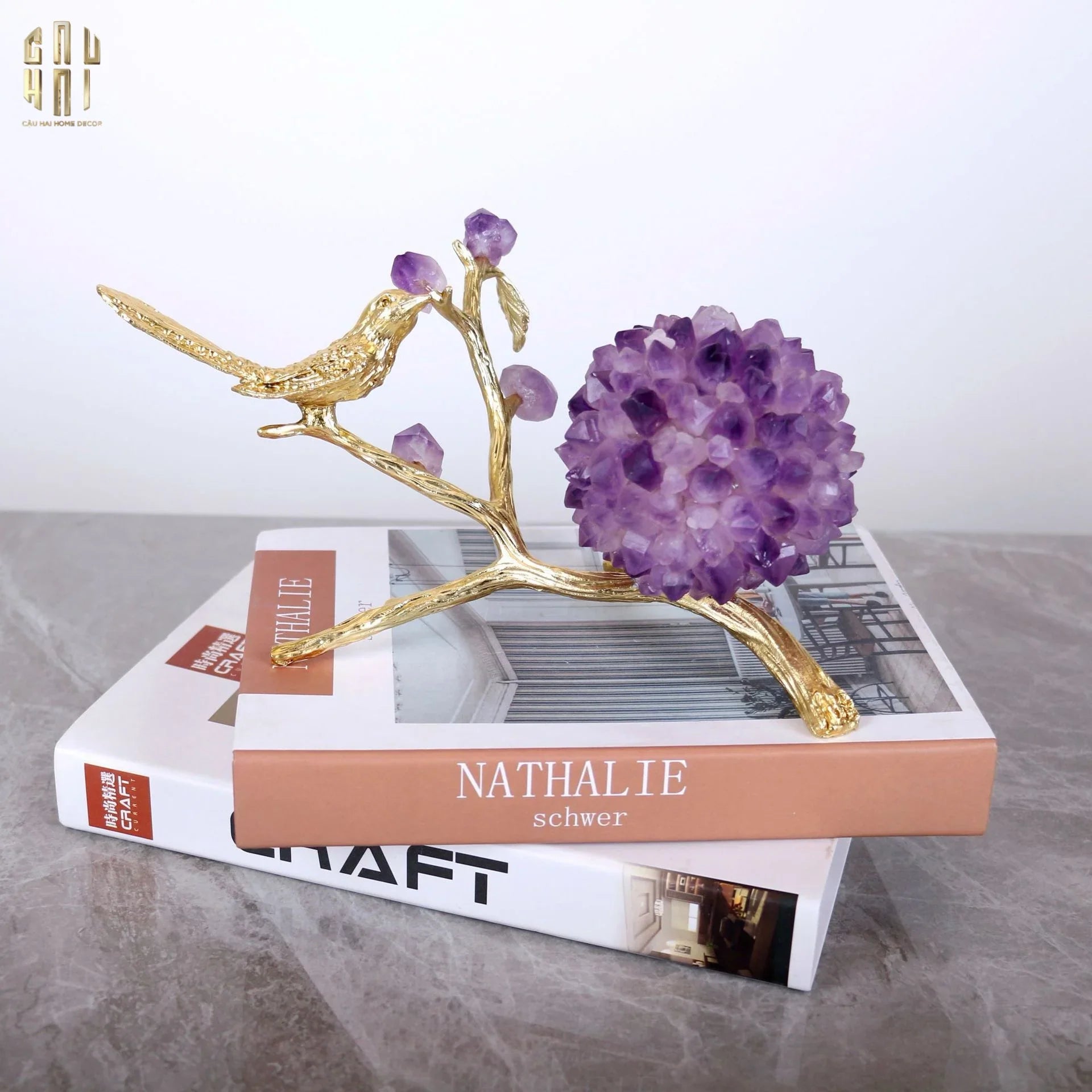 Maison Couture - Tượng Chim Bằng Đồng Đá Thạch Anh Tím Brasson Nightingale Amethyst 24x12x12-TƯỢNG TRANG TRÍ-CẬU HAI HOME DECOR