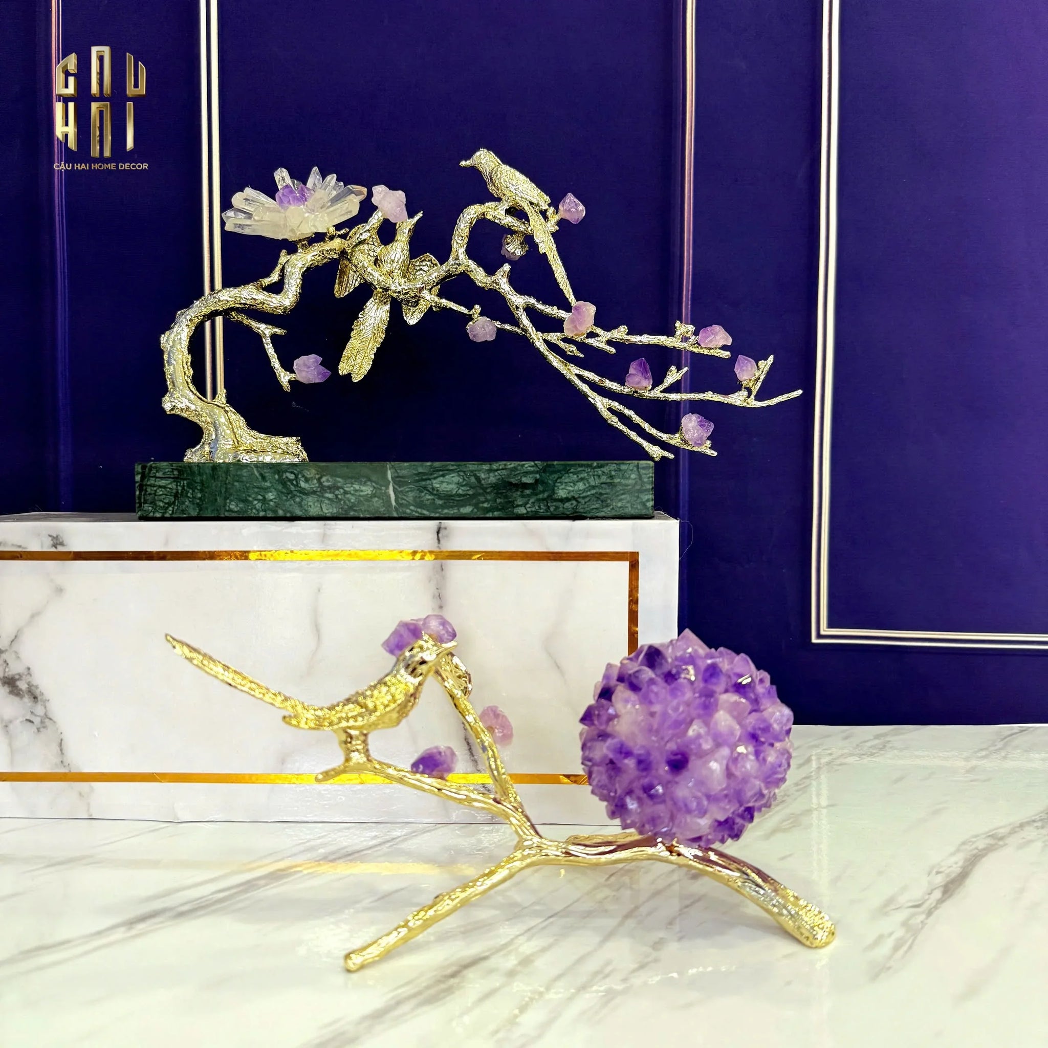 Maison Couture - Tượng Chim Bằng Đồng Đá Thạch Anh Tím Brasson Nightingale Amethyst 24x12x12-TƯỢNG TRANG TRÍ-CẬU HAI HOME DECOR