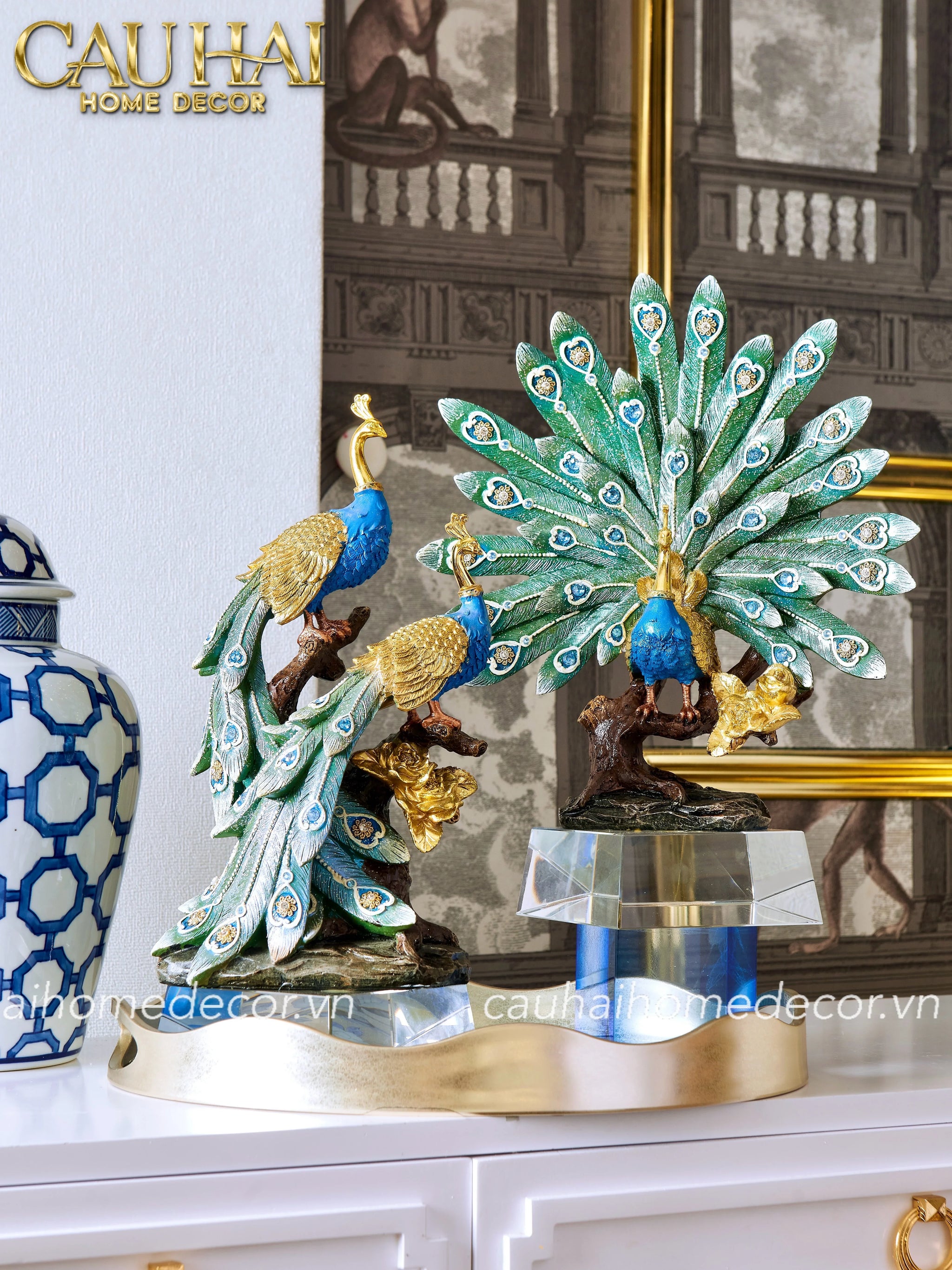 Maison Couture - Tượng Đôi Khổng Tước Duo Royal Paon Plumage - Bleu Nuit-CẬU HAI HOME DECOR