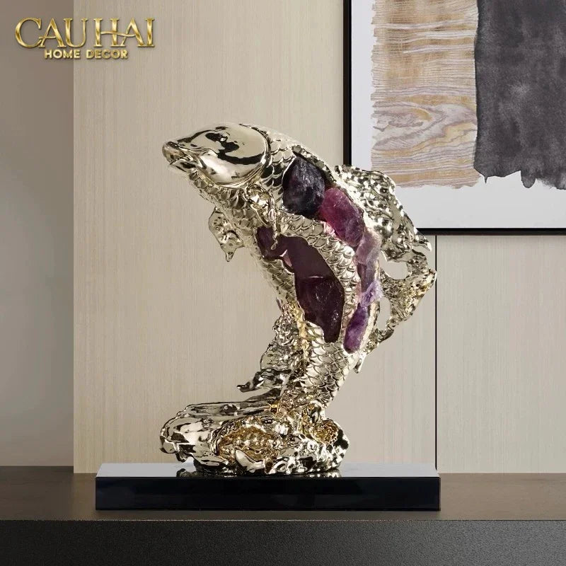 Maison Couture - Tượng Đồng Cá Chép Đá Thạch Anh Tím Royale Amethyst Dragon Ascend H22x29-CẬU HAI HOME DECOR