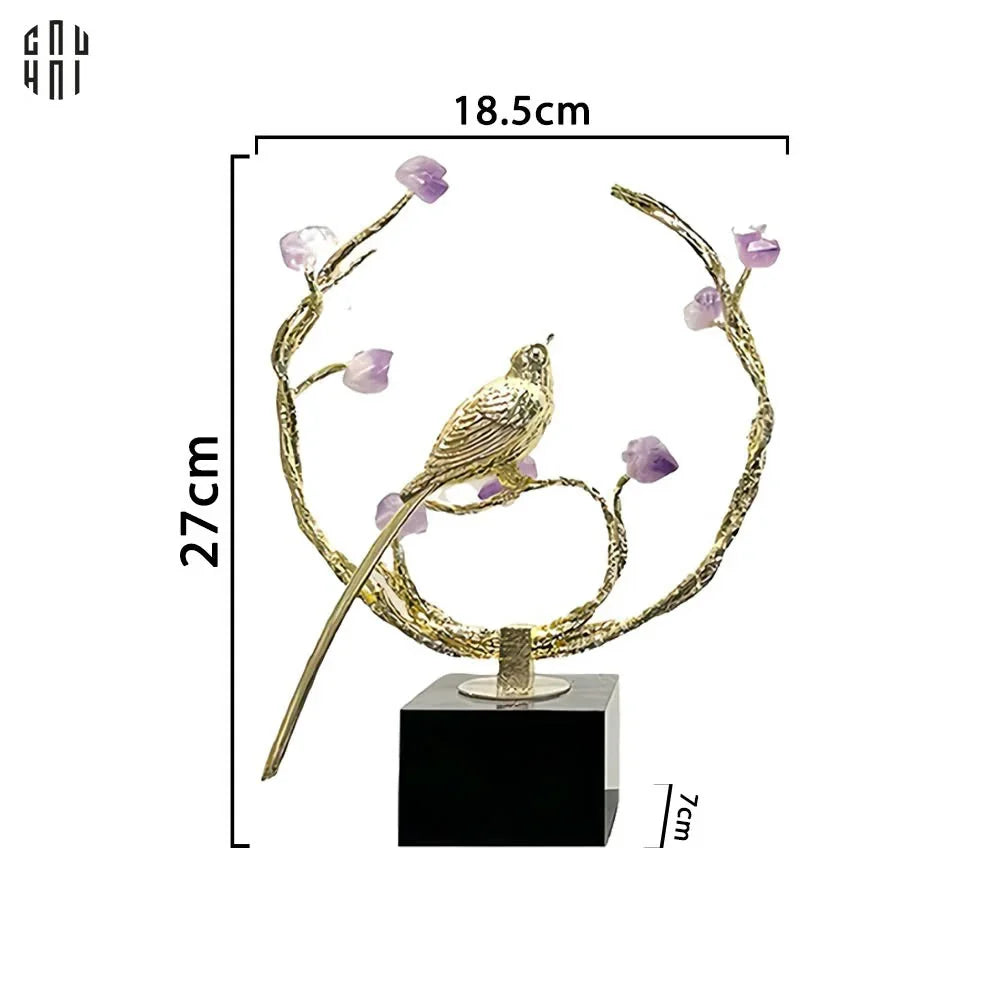 Maison Couture - Tượng Đồng Đá Thạch Anh Tím - Amethyst Branch Golden Bird Harmony 27x18.5-TƯỢNG TRANG TRÍ-CẬU HAI HOME DECOR