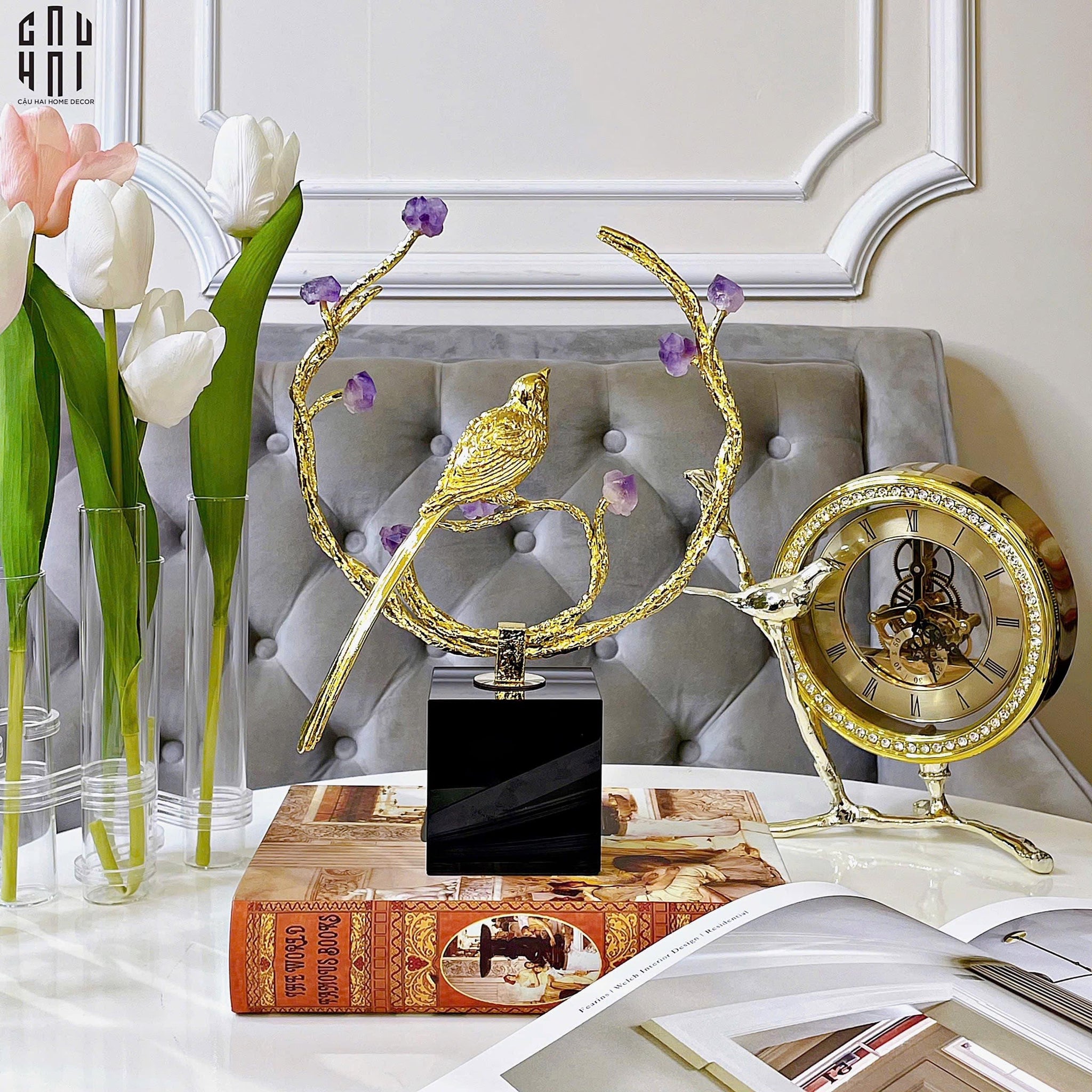 Maison Couture - Tượng Đồng Đá Thạch Anh Tím - Amethyst Branch Golden Bird Harmony 27x18.5-TƯỢNG TRANG TRÍ-CẬU HAI HOME DECOR