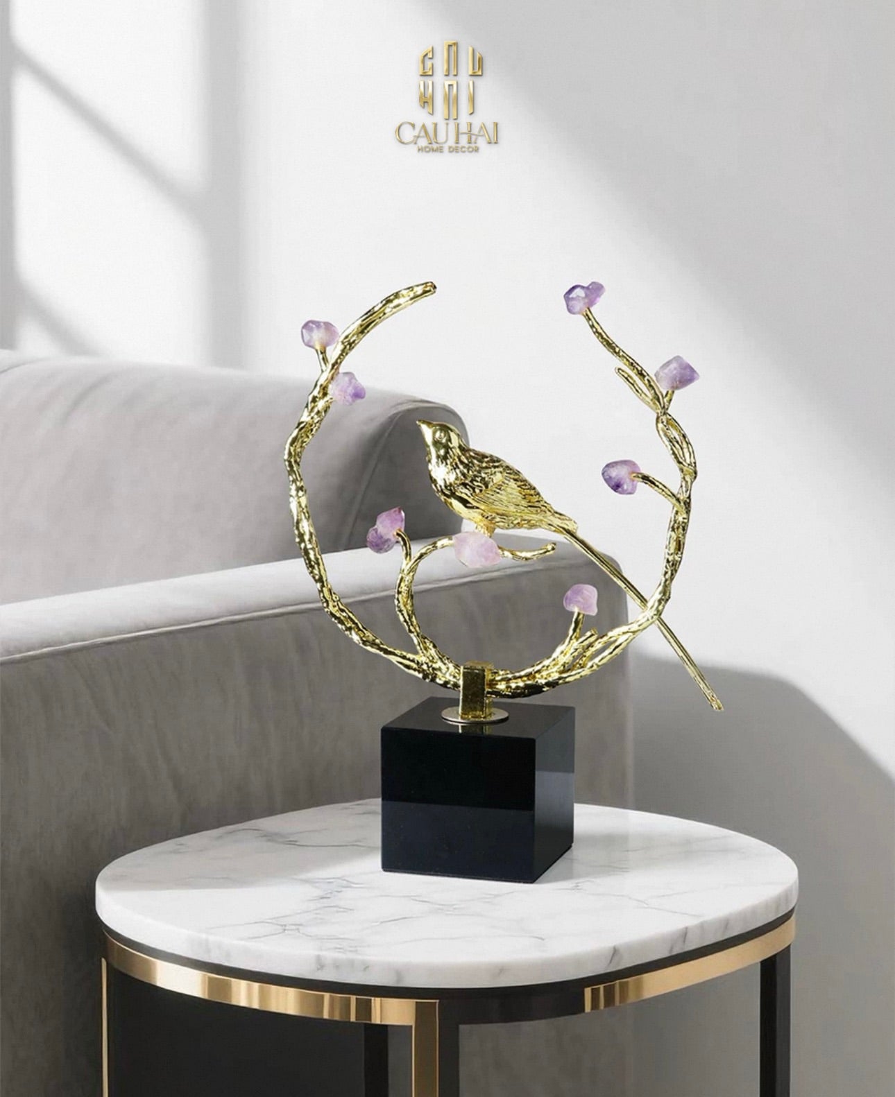 Maison Couture - Tượng Đồng Đá Thạch Anh Tím - Amethyst Branch Golden Bird Harmony 27x18.5-TƯỢNG TRANG TRÍ-CẬU HAI HOME DECOR