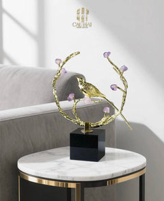 Maison Couture - Tượng Đồng Đá Thạch Anh Tím - Amethyst Branch Golden Bird Harmony 27x18.5-TƯỢNG TRANG TRÍ-CẬU HAI HOME DECOR