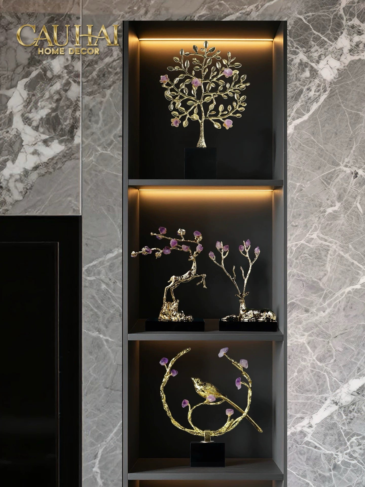 Maison Couture - Tượng Đồng Đá Thạch Anh Tím - Amethyst Branch Golden Bird Harmony 27x18.5-TƯỢNG TRANG TRÍ-CẬU HAI HOME DECOR