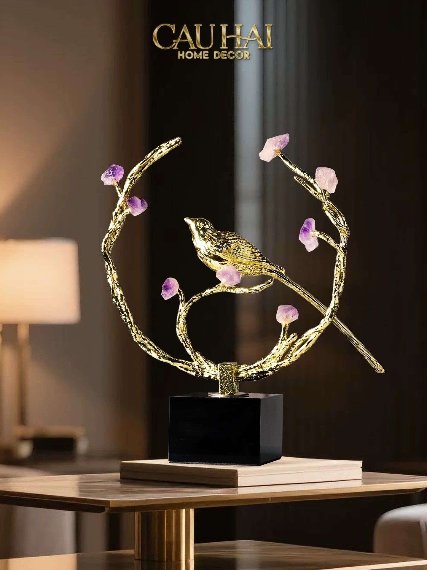 Maison Couture - Tượng Đồng Đá Thạch Anh Tím - Amethyst Branch Golden Bird Harmony 27x18.5-TƯỢNG TRANG TRÍ-CẬU HAI HOME DECOR
