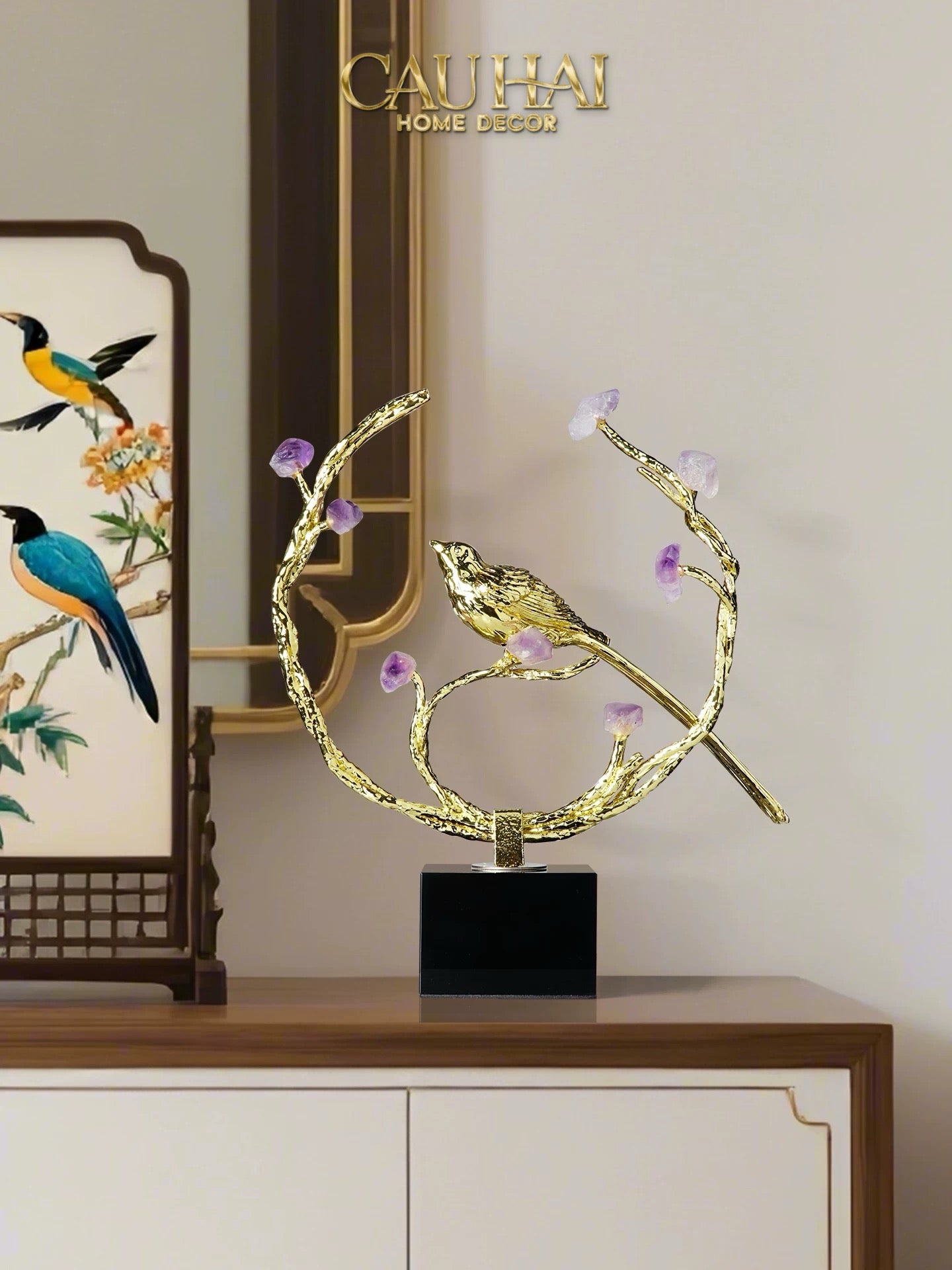 Maison Couture - Tượng Đồng Đá Thạch Anh Tím - Amethyst Branch Golden Bird Harmony 27x18.5-TƯỢNG TRANG TRÍ-CẬU HAI HOME DECOR