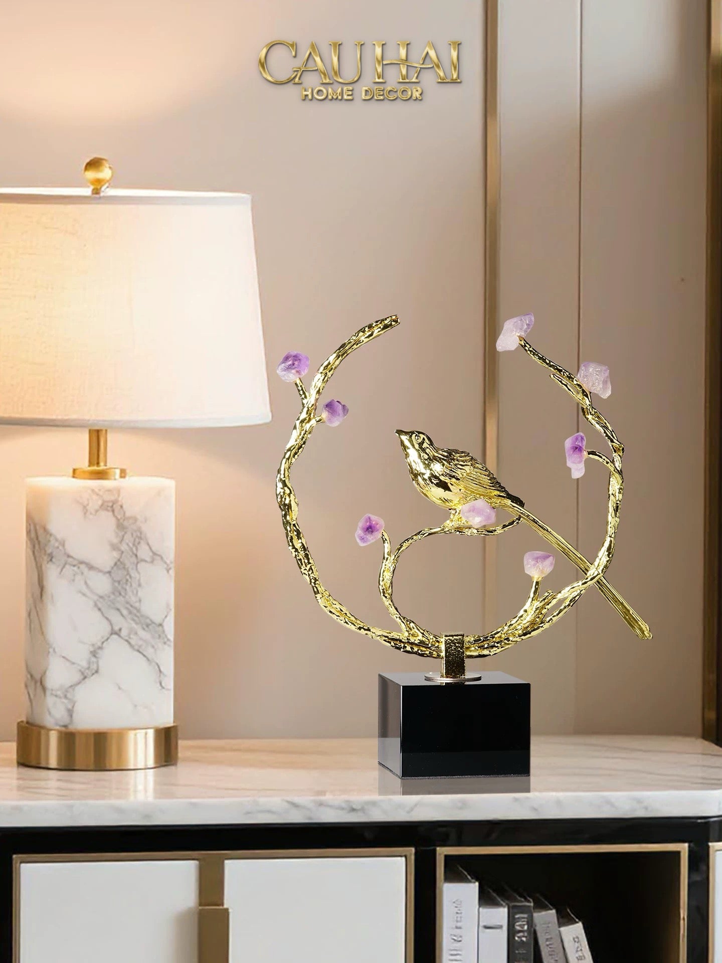 Maison Couture - Tượng Đồng Đá Thạch Anh Tím - Amethyst Branch Golden Bird Harmony 27x18.5-TƯỢNG TRANG TRÍ-CẬU HAI HOME DECOR