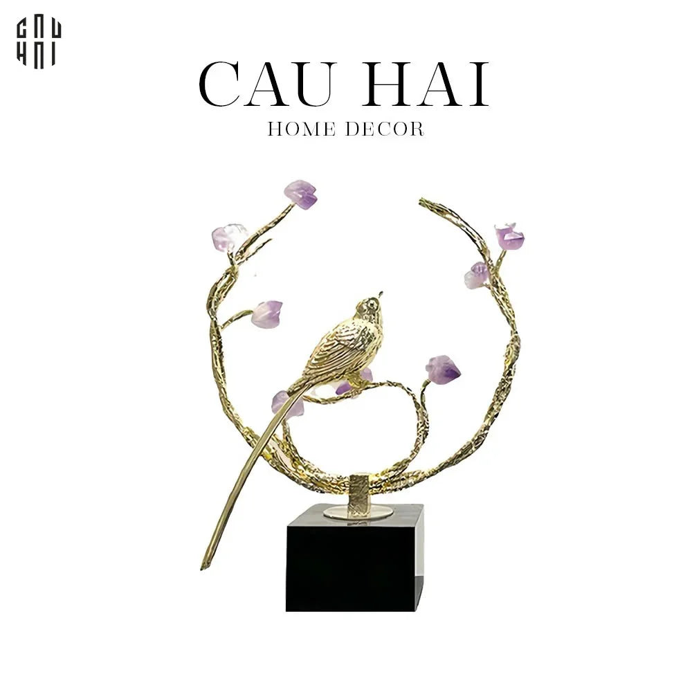 Maison Couture - Tượng Đồng Đá Thạch Anh Tím - Amethyst Branch Golden Bird Harmony 27x18.5-TƯỢNG TRANG TRÍ-CẬU HAI HOME DECOR