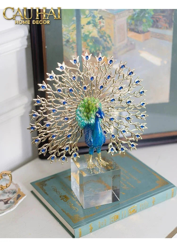 Maison Couture - Tượng Đồng Khổng Tước Đá Sapphire - Le Paon Impérial Bleu Saphir Cristalleries-TƯỢNG TRANG TRÍ-CẬU HAI HOME DECOR