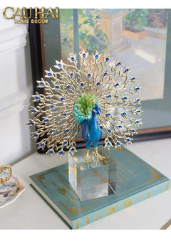 Maison Couture - Tượng Đồng Khổng Tước Đá Sapphire - Le Paon Impérial Bleu Saphir Cristalleries-TƯỢNG TRANG TRÍ-CẬU HAI HOME DECOR