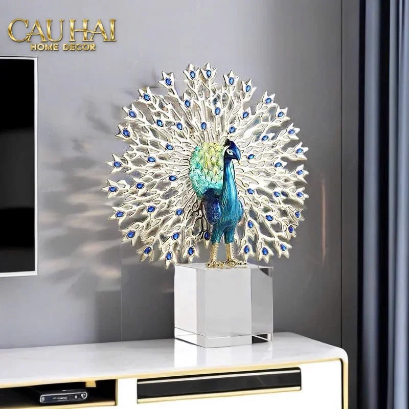Maison Couture - Tượng Đồng Khổng Tước Đá Sapphire - Le Paon Impérial Bleu Saphir Cristalleries-TƯỢNG TRANG TRÍ-CẬU HAI HOME DECOR
