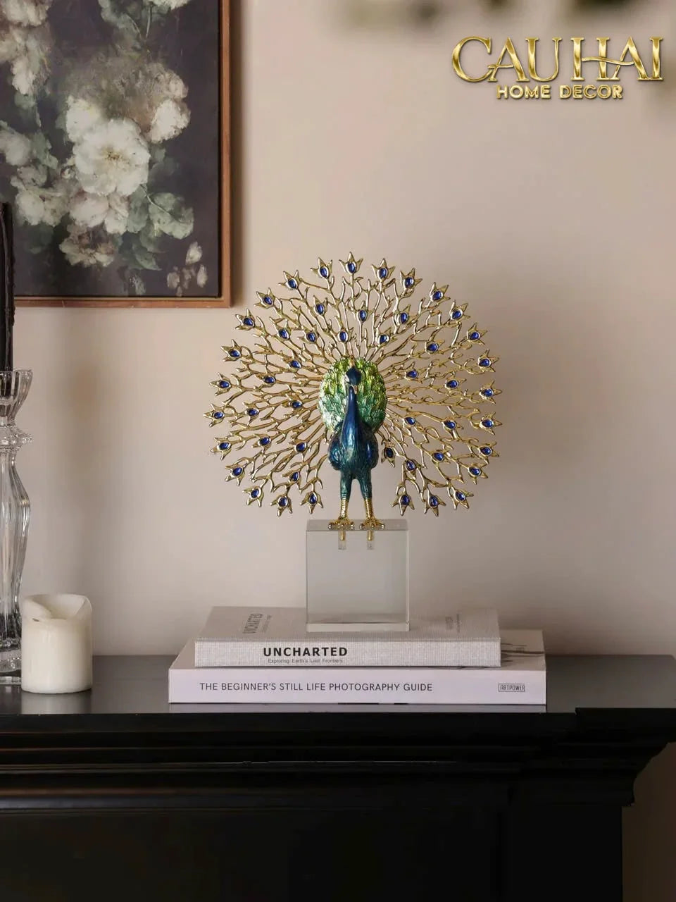 Maison Couture - Tượng Đồng Khổng Tước Đá Sapphire - Le Paon Impérial Bleu Saphir Cristalleries-TƯỢNG TRANG TRÍ-CẬU HAI HOME DECOR