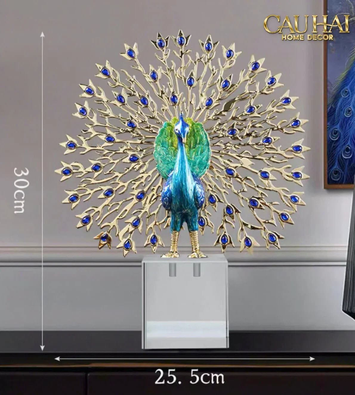 Maison Couture - Tượng Đồng Khổng Tước Đá Sapphire - Le Paon Impérial Bleu Saphir Cristalleries-TƯỢNG TRANG TRÍ-CẬU HAI HOME DECOR