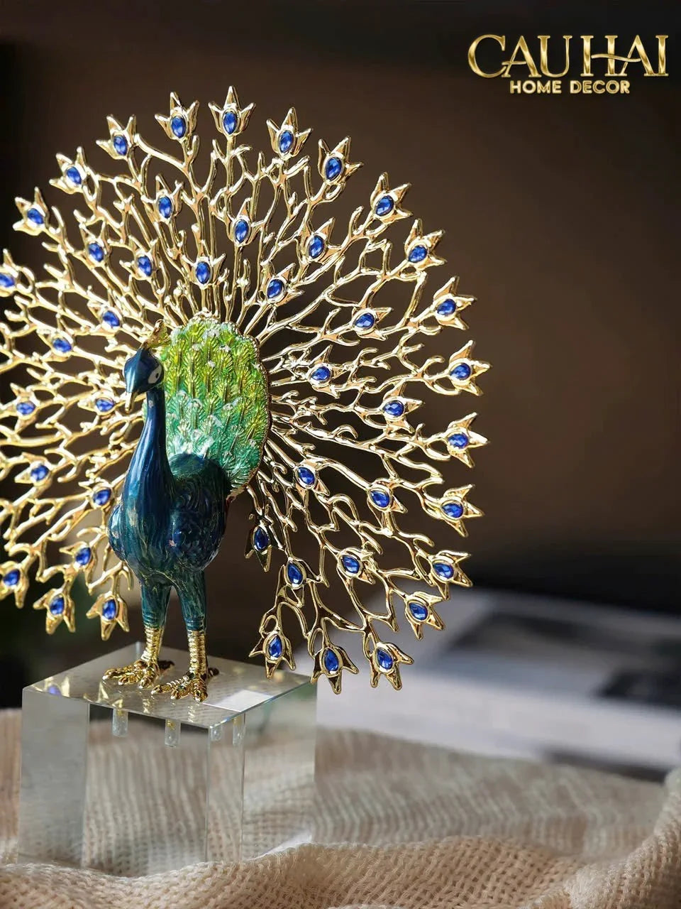 Maison Couture - Tượng Đồng Khổng Tước Đá Sapphire - Le Paon Impérial Bleu Saphir Cristalleries-TƯỢNG TRANG TRÍ-CẬU HAI HOME DECOR