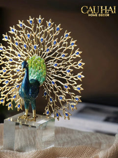 Maison Couture - Tượng Đồng Khổng Tước Đá Sapphire - Le Paon Impérial Bleu Saphir Cristalleries-TƯỢNG TRANG TRÍ-CẬU HAI HOME DECOR