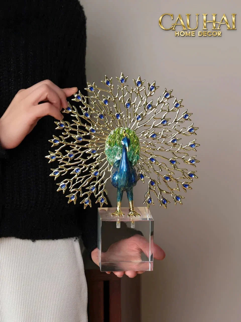 Maison Couture - Tượng Đồng Khổng Tước Đá Sapphire - Le Paon Impérial Bleu Saphir Cristalleries-TƯỢNG TRANG TRÍ-CẬU HAI HOME DECOR