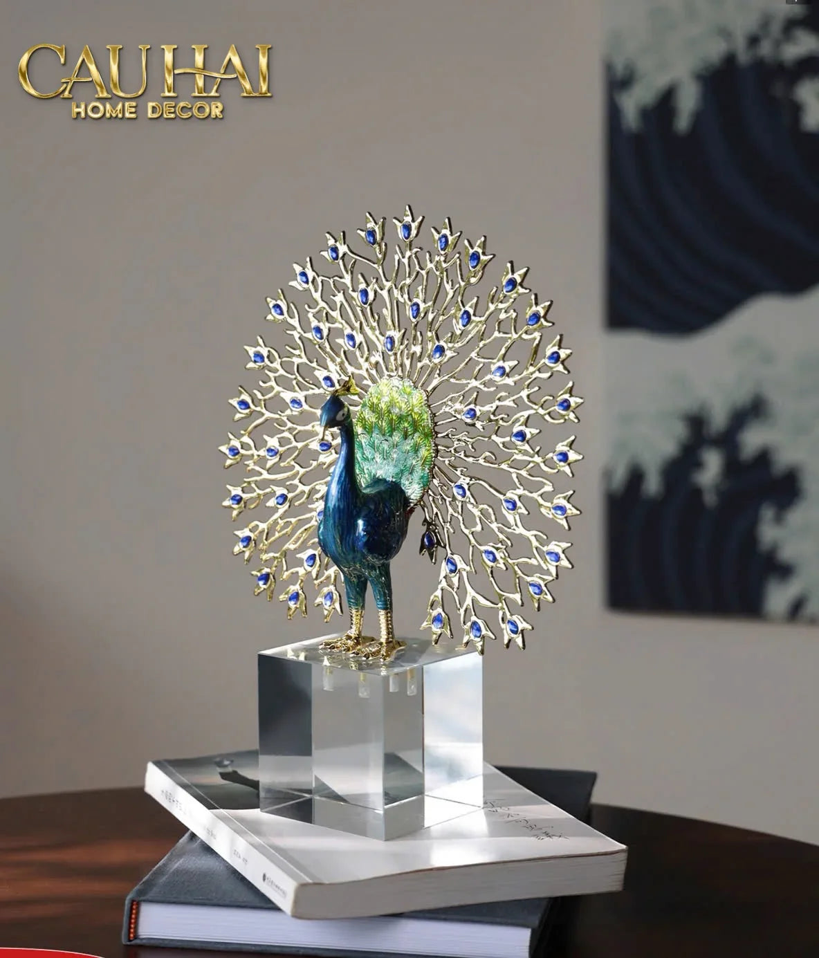 Maison Couture - Tượng Đồng Khổng Tước Đá Sapphire - Le Paon Impérial Bleu Saphir Cristalleries-TƯỢNG TRANG TRÍ-CẬU HAI HOME DECOR