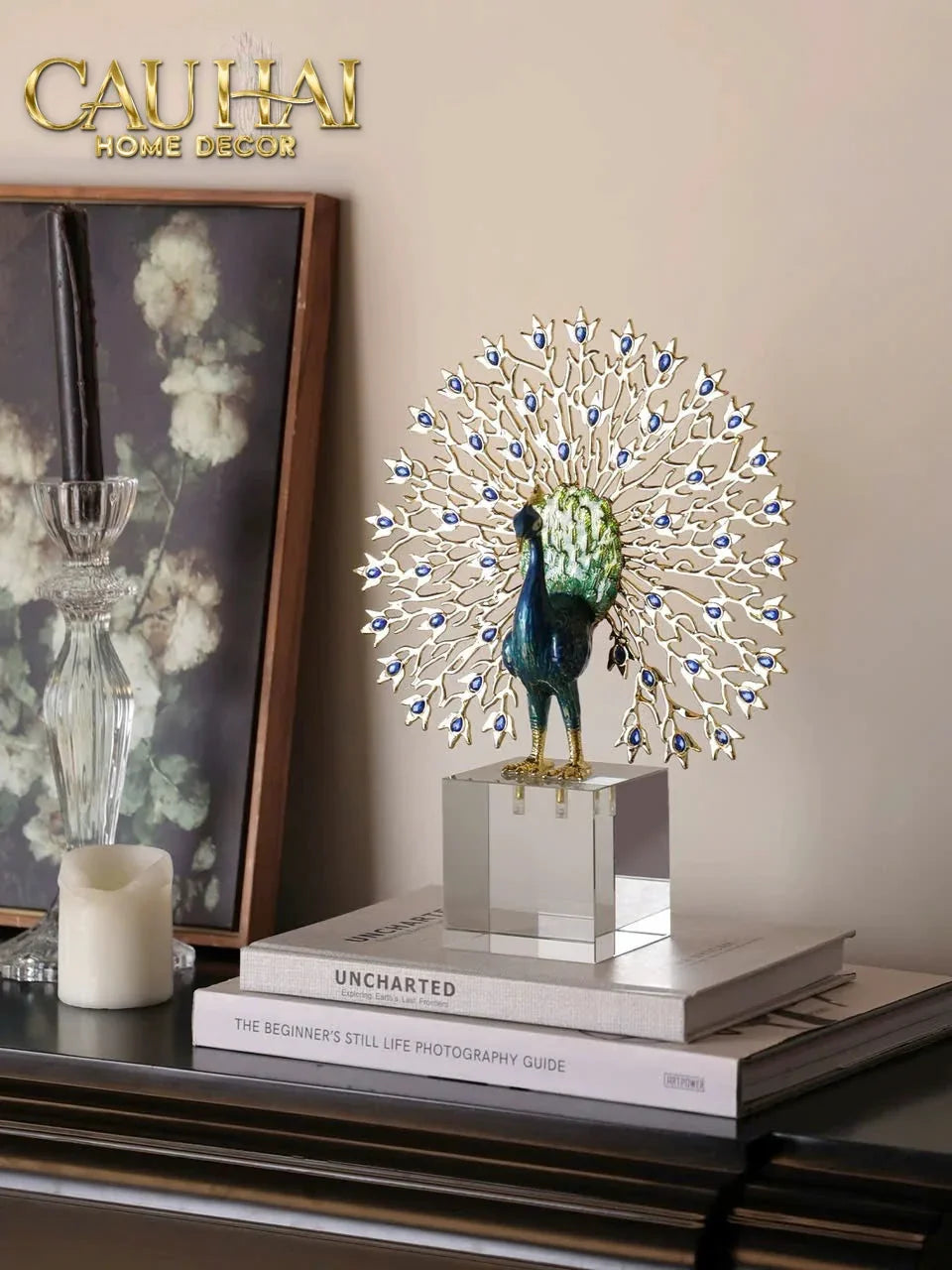 Maison Couture - Tượng Đồng Khổng Tước Đá Sapphire - Le Paon Impérial Bleu Saphir Cristalleries-TƯỢNG TRANG TRÍ-CẬU HAI HOME DECOR