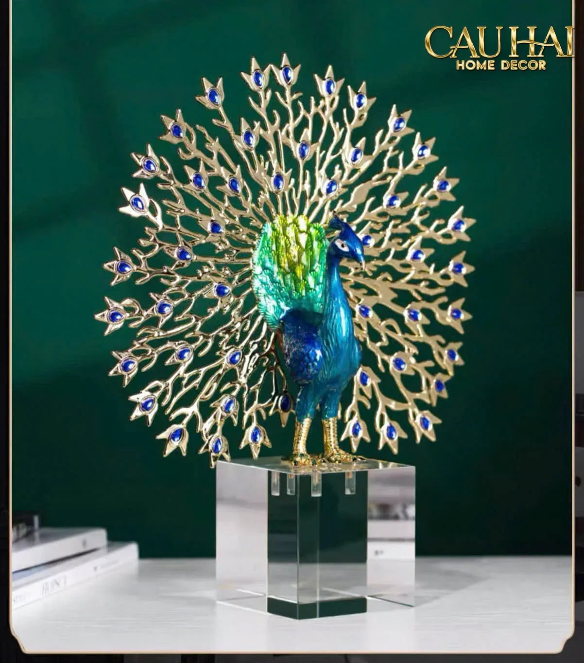 Maison Couture - Tượng Đồng Khổng Tước Đá Sapphire - Le Paon Impérial Bleu Saphir Cristalleries-TƯỢNG TRANG TRÍ-CẬU HAI HOME DECOR