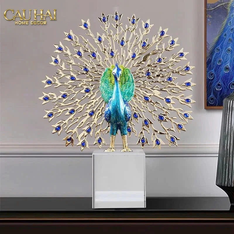 Maison Couture - Tượng Đồng Khổng Tước Đá Sapphire - Le Paon Impérial Bleu Saphir Cristalleries-TƯỢNG TRANG TRÍ-CẬU HAI HOME DECOR