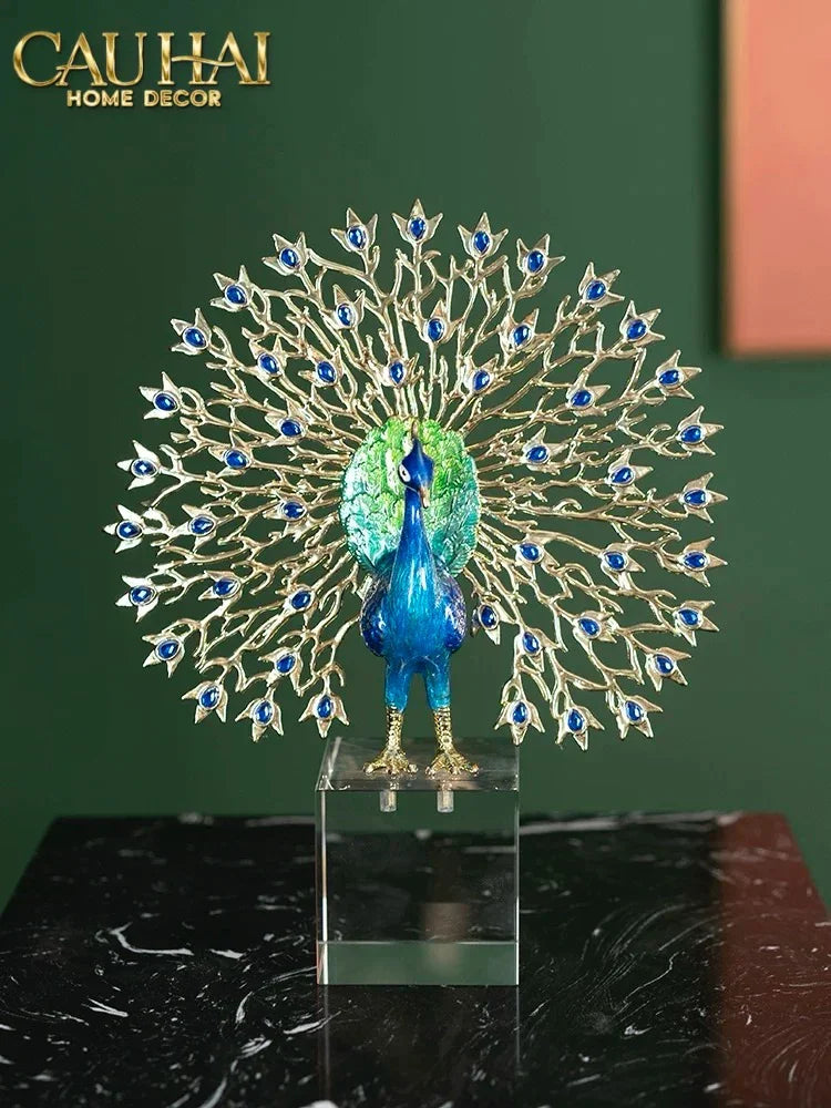 Maison Couture - Tượng Đồng Khổng Tước Đá Sapphire - Le Paon Impérial Bleu Saphir Cristalleries-TƯỢNG TRANG TRÍ-CẬU HAI HOME DECOR