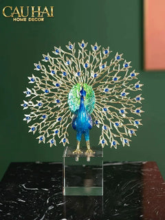 Maison Couture - Tượng Đồng Khổng Tước Đá Sapphire - Le Paon Impérial Bleu Saphir Cristalleries-TƯỢNG TRANG TRÍ-CẬU HAI HOME DECOR