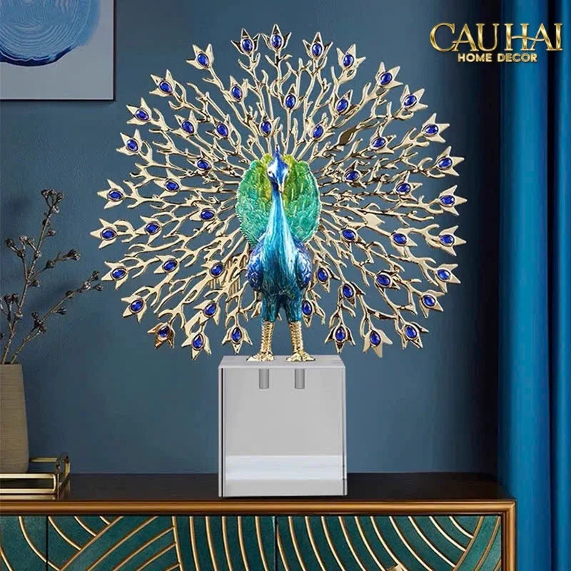 Maison Couture - Tượng Đồng Khổng Tước Đá Sapphire - Le Paon Impérial Bleu Saphir Cristalleries-TƯỢNG TRANG TRÍ-CẬU HAI HOME DECOR