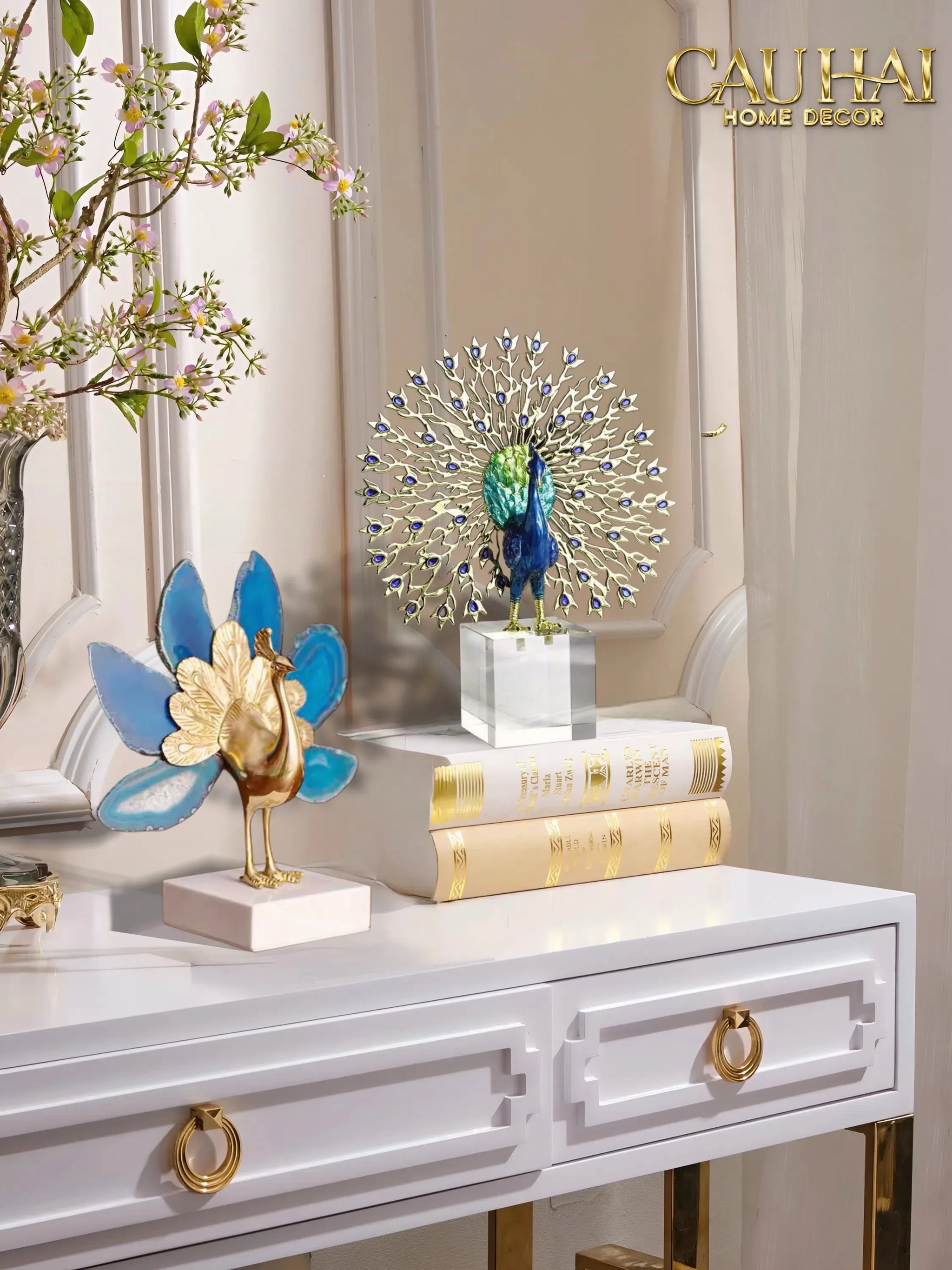 Maison Couture - Tượng Đồng Khổng Tước Đá Sapphire - Le Paon Impérial Bleu Saphir Cristalleries-TƯỢNG TRANG TRÍ-CẬU HAI HOME DECOR