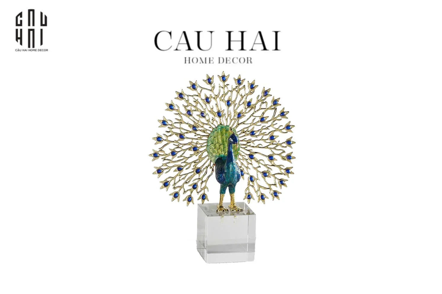 Maison Couture - Tượng Đồng Khổng Tước Đá Sapphire - Le Paon Impérial Bleu Saphir Cristalleries-TƯỢNG TRANG TRÍ-CẬU HAI HOME DECOR