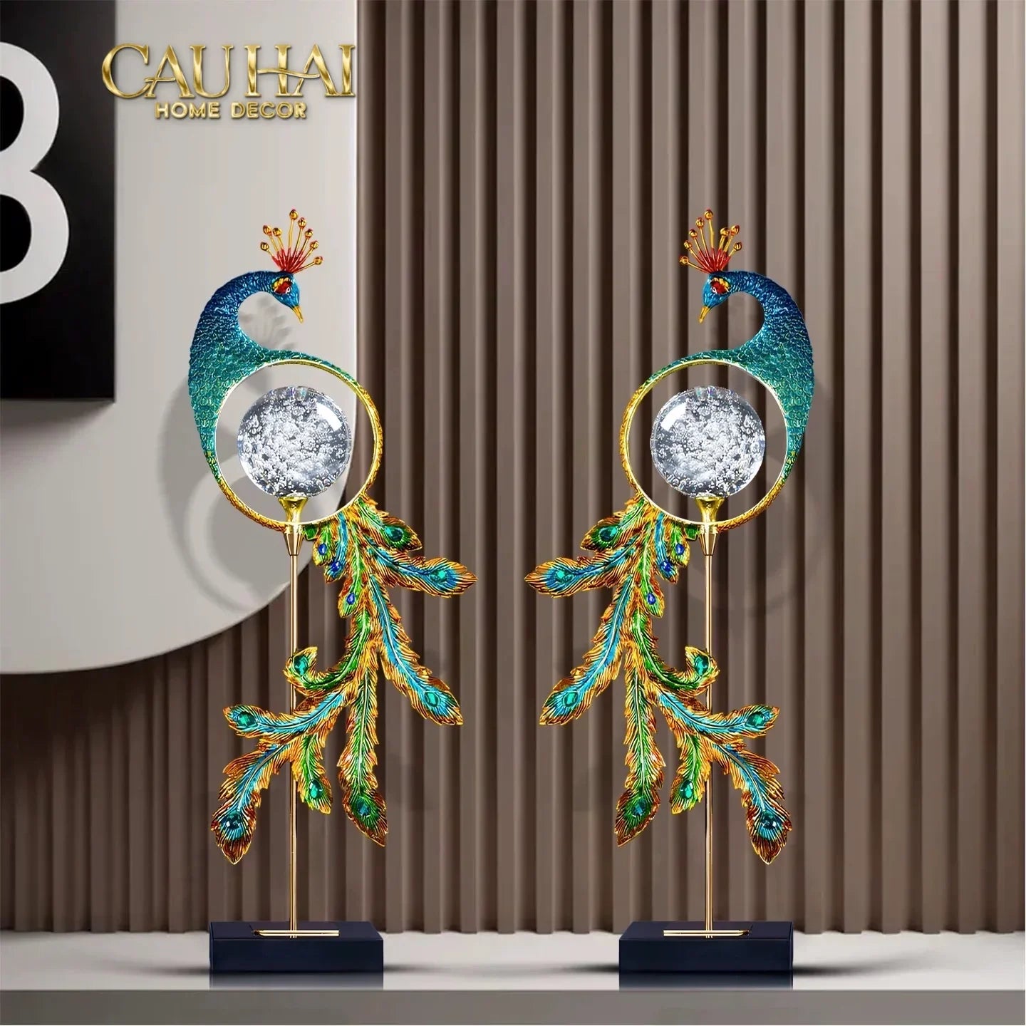 Maison Couture - Tượng Đồng Khổng Tước Hoàng Gia Majestic Aurelia Paon – Brass & Cristalleries Sculpture 20x10x54-CẬU HAI HOME DECOR