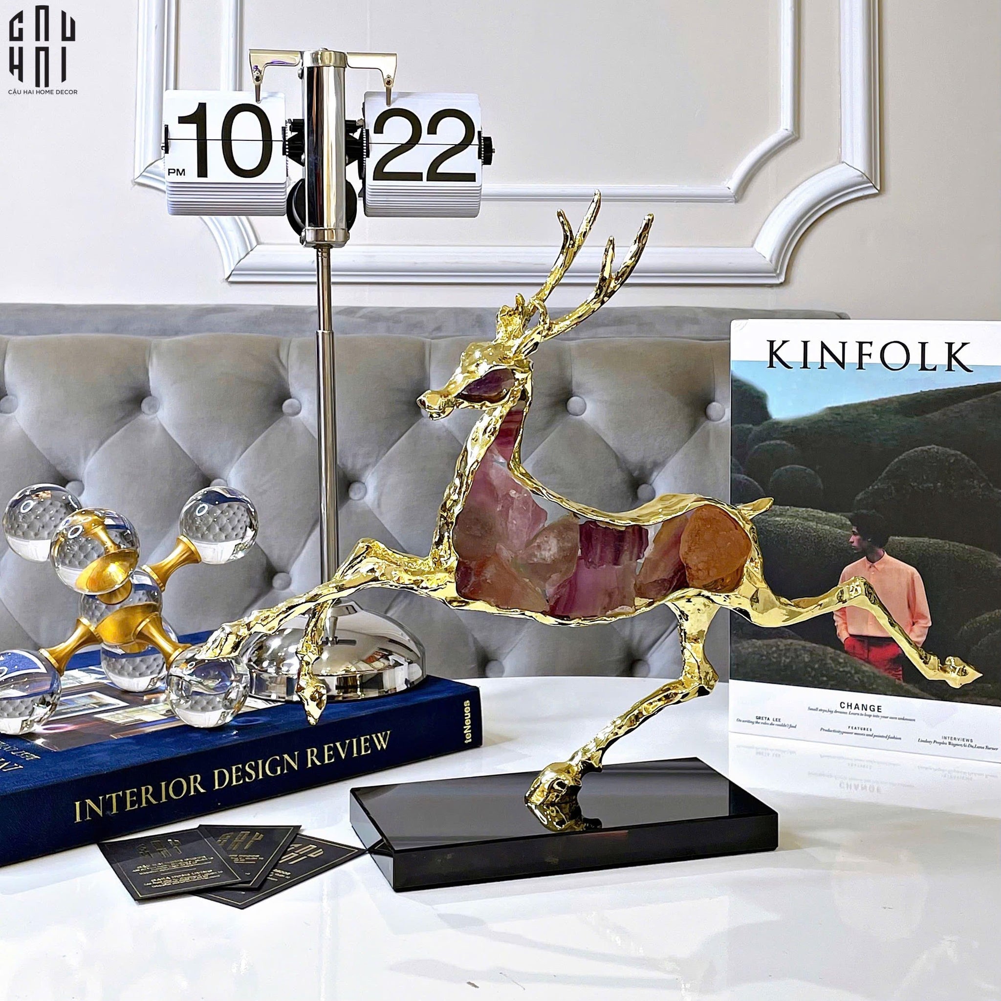 Maison Couture - Tượng Hươu Chạy Bằng Đồng Đá Thạch Anh Tím Amethyst Bolting Elk 42.5x34-TƯỢNG TRANG TRÍ-CẬU HAI HOME DECOR