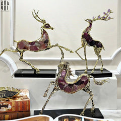 Maison Couture - Tượng Hươu Chạy Bằng Đồng Đá Thạch Anh Tím Amethyst Bolting Elk 42.5x34-TƯỢNG TRANG TRÍ-CẬU HAI HOME DECOR