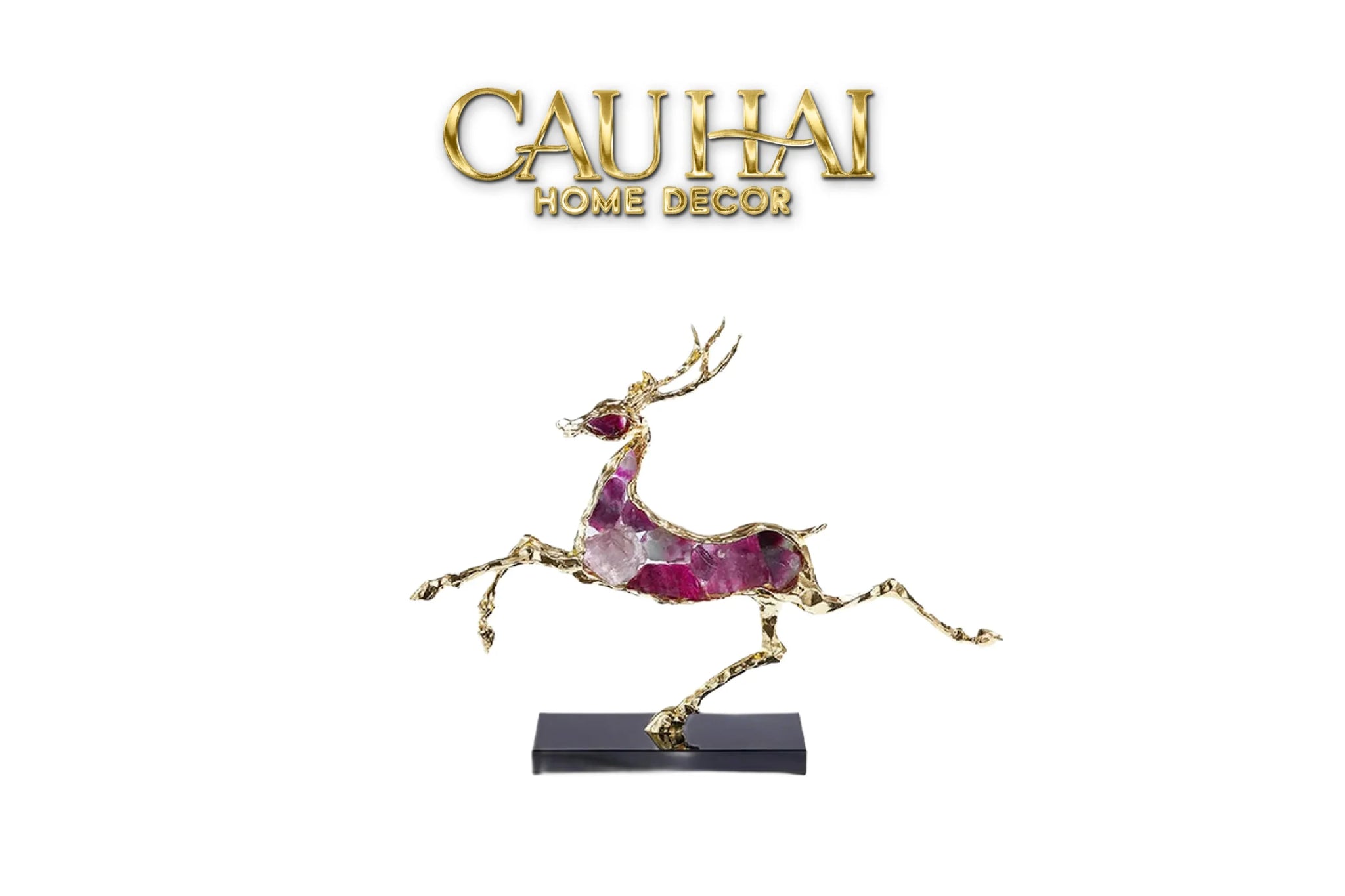 Maison Couture - Tượng Hươu Chạy Bằng Đồng Đá Thạch Anh Tím Amethyst Bolting Elk 42.5x34-TƯỢNG TRANG TRÍ-CẬU HAI HOME DECOR