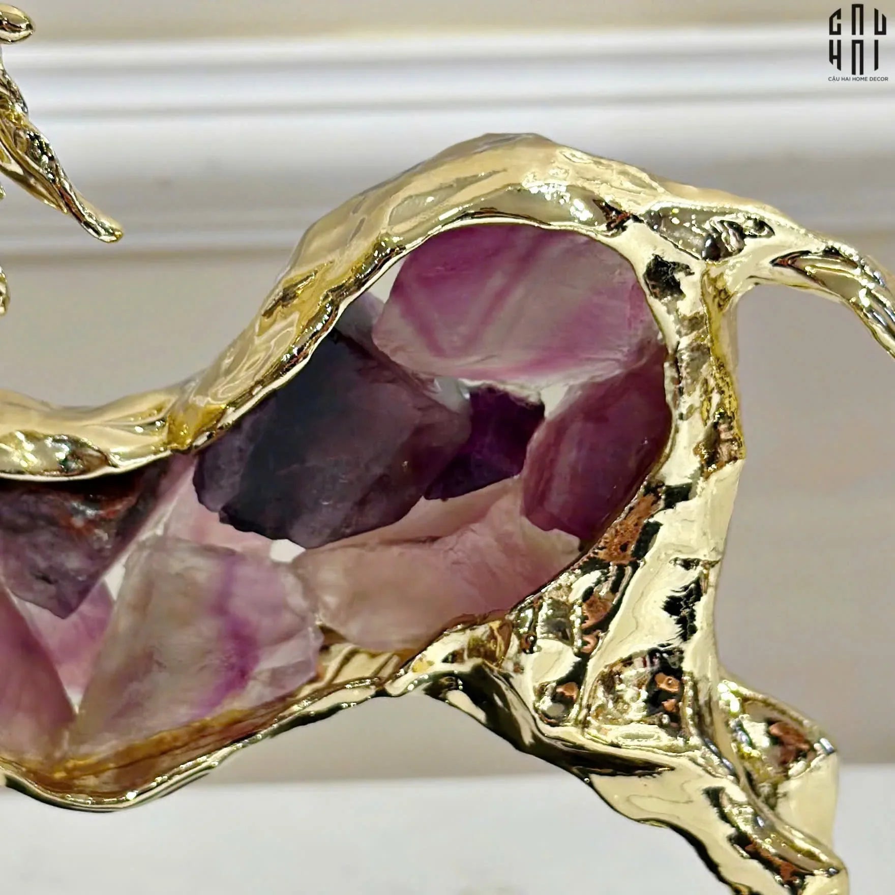 Maison Couture - Tượng Hươu Chạy Bằng Đồng Đá Thạch Anh Tím Amethyst Bolting Elk 42.5x34-CẬU HAI HOME DECOR