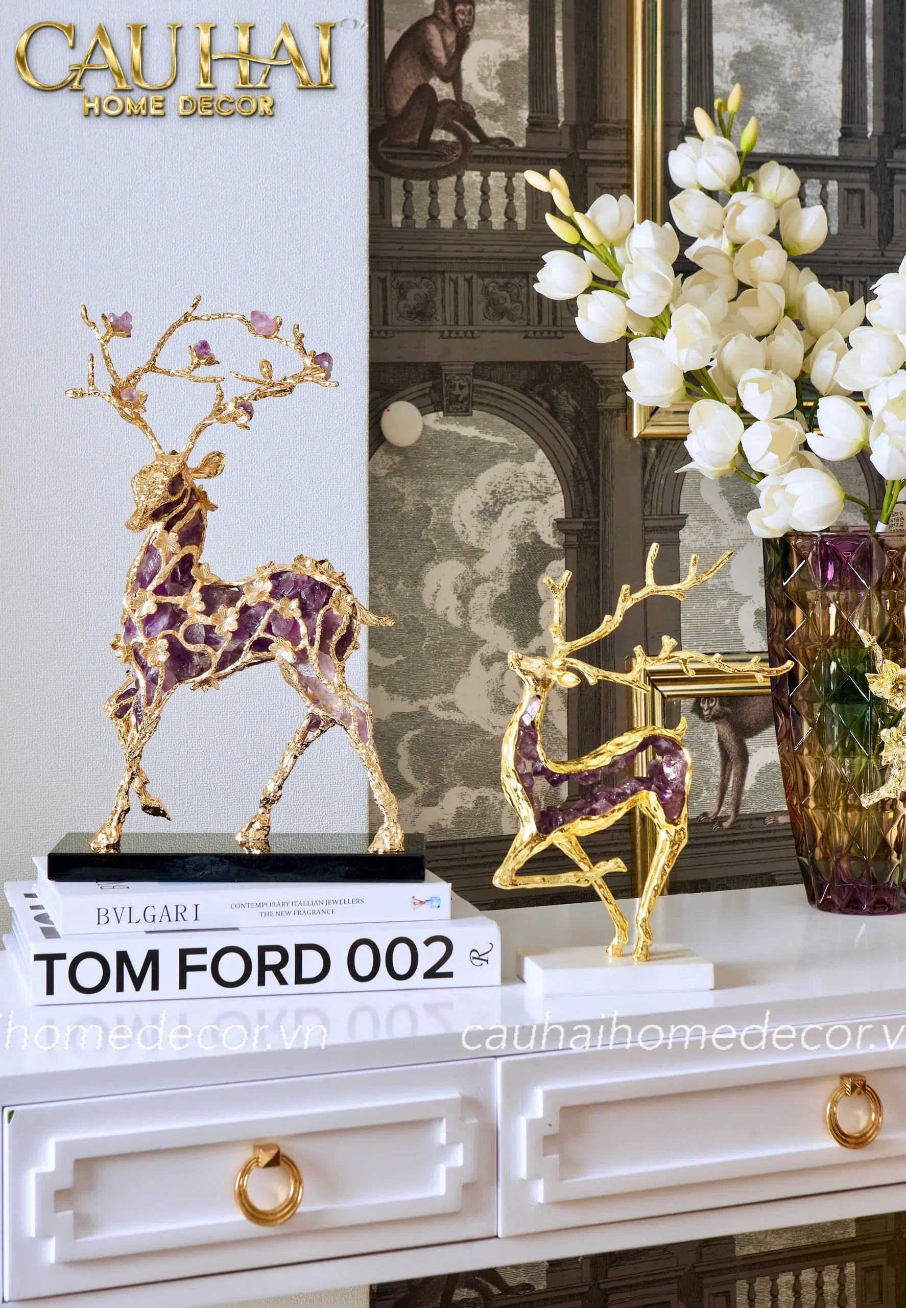Maison Couture - Tượng Hươu Đồng Đá Thạch Anh Tím Sentinel Prima Gemstones Antler - H44x26-TƯỢNG TRANG TRÍ-CẬU HAI HOME DECOR