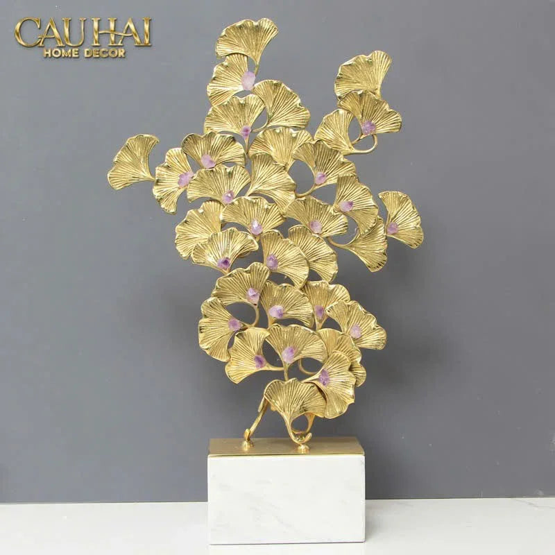 Maison Couture - Tượng Lá Ngân Hạnh Bằng Đồng - Đá Thạch Anh Tím Grandeur Brasson Ginkgo Amethyst 35x60-TƯỢNG TRANG TRÍ-CẬU HAI HOME DECOR