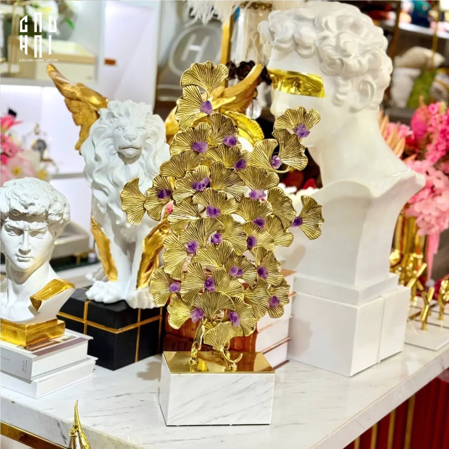 Maison Couture - Tượng Lá Ngân Hạnh Bằng Đồng - Đá Thạch Anh Tím Grandeur Brasson Ginkgo Amethyst 35x60-TƯỢNG TRANG TRÍ-CẬU HAI HOME DECOR