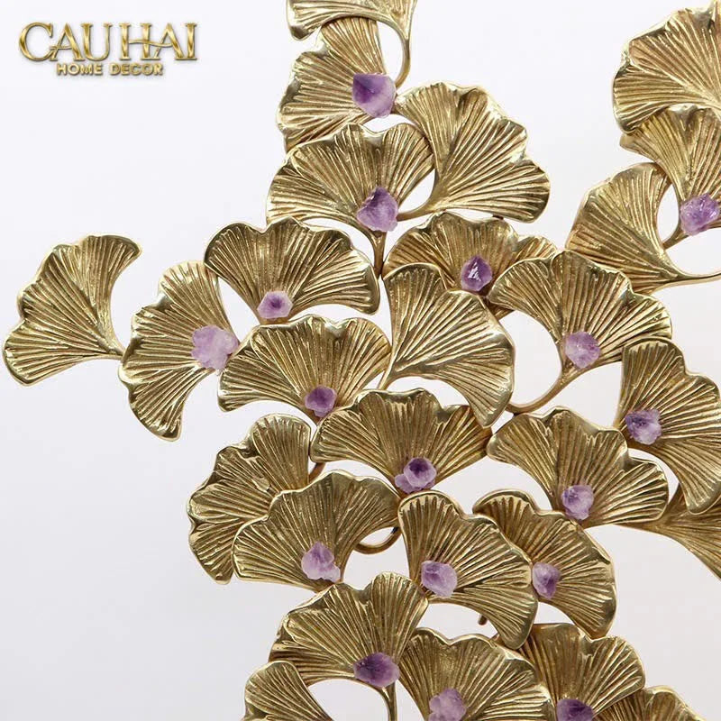 Maison Couture - Tượng Lá Ngân Hạnh Bằng Đồng - Đá Thạch Anh Tím Grandeur Brasson Ginkgo Amethyst 35x60-TƯỢNG TRANG TRÍ-CẬU HAI HOME DECOR