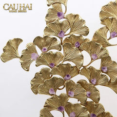 Maison Couture - Tượng Lá Ngân Hạnh Bằng Đồng - Đá Thạch Anh Tím Grandeur Brasson Ginkgo Amethyst 35x60-TƯỢNG TRANG TRÍ-CẬU HAI HOME DECOR
